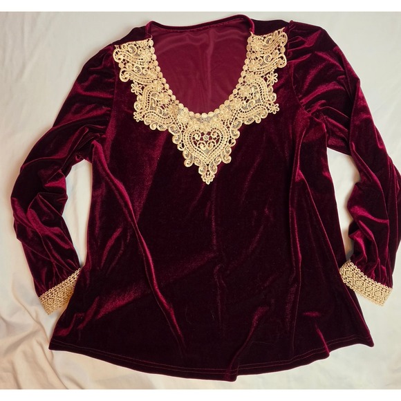 Tops - Burgundy Velvet Lace V-Neck Top Romantic Goth Whimsigoth Victorian Wine 0XL